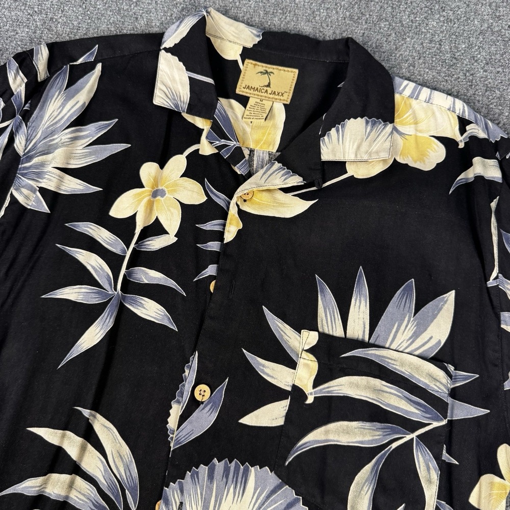 Jamaica Jaxx Hawaiian Shirt Men M Black Silk Floral Tropical Aloha AOP Camp